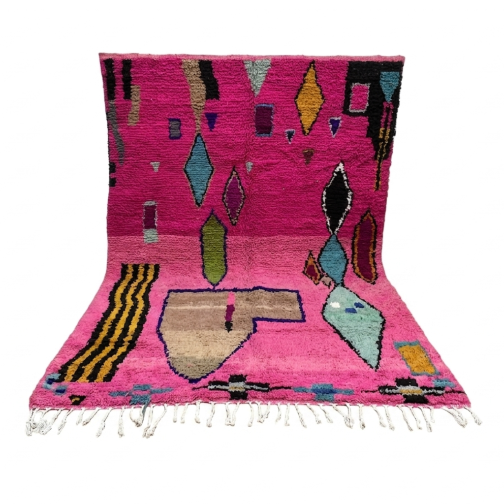 Pink Boujad Moroccan Rug – Handmade Berber Wool Carpet – Abstract Tribal Design – Unique Artisan Rug