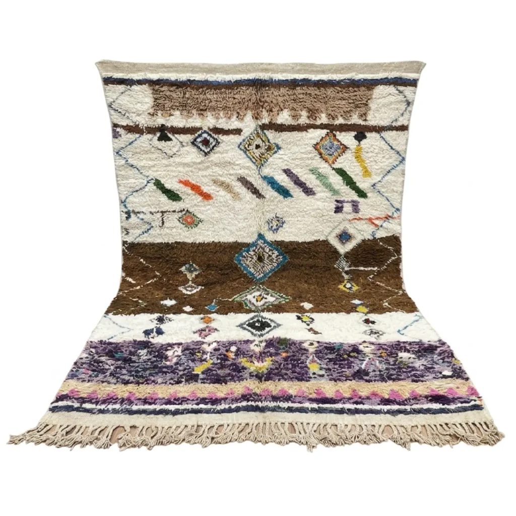 Boujad Moroccan Rug – Handmade Wool Berber Carpet – White & Brown Tribal Design – Unique Artisan Rug