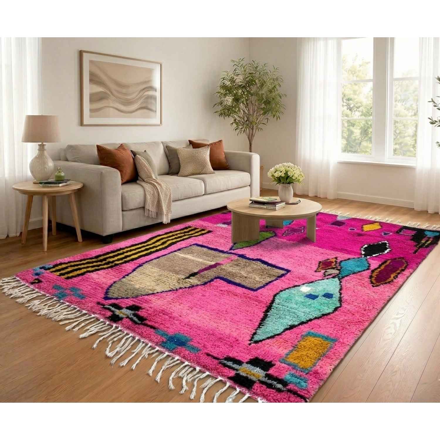 Pink Boujad Moroccan Rug – Handmade Berber Wool Carpet – Abstract Tribal Design – Unique Artisan Rug - Image 3