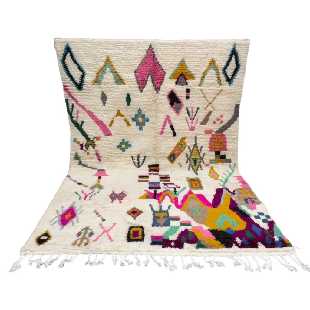Azilal Moroccan Rug – Handmade Berber Wool Carpet – Ivory Base with Colorful Abstract Symbols – Minimalist Artisan Rug